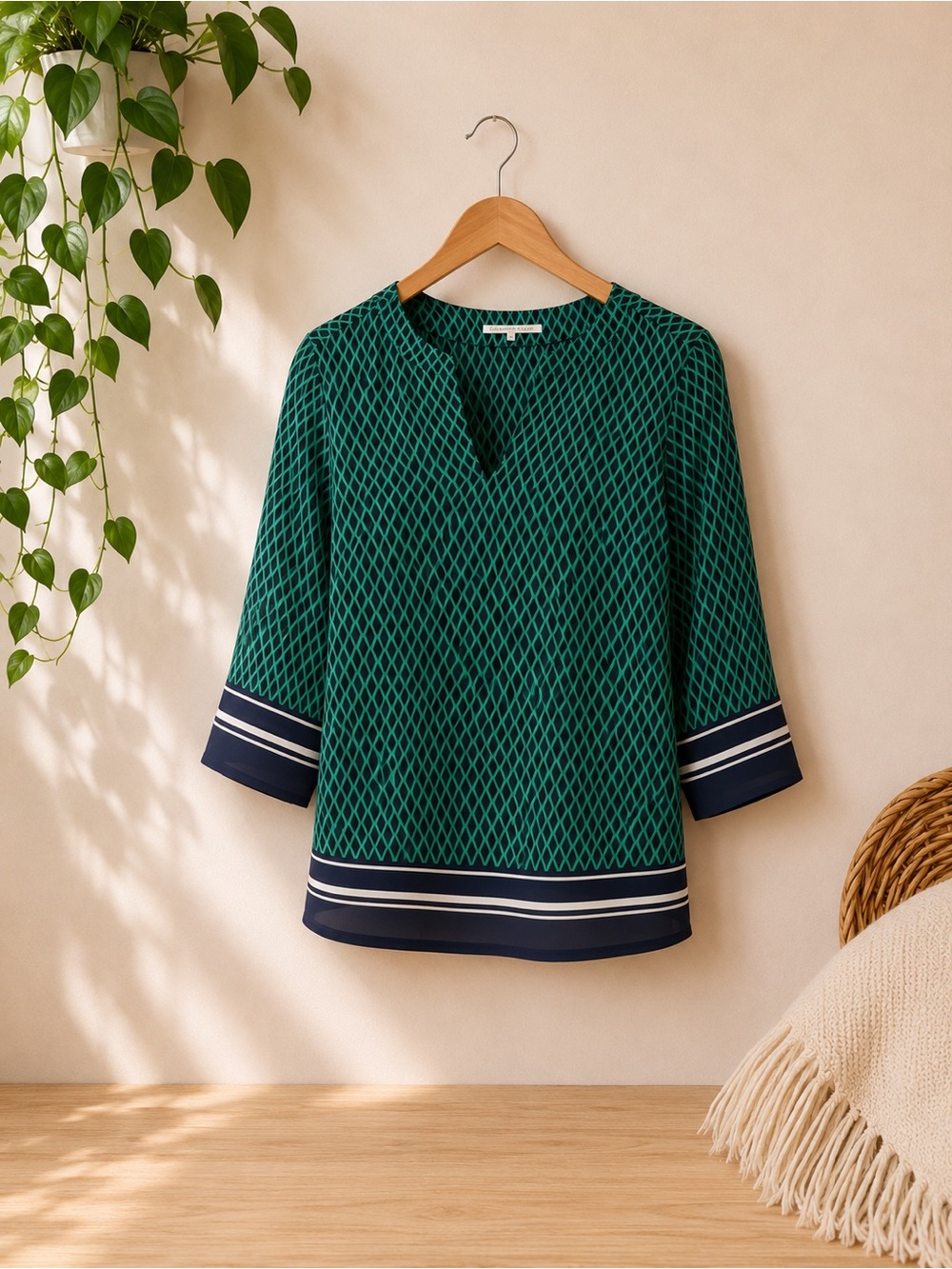 Violet & Claire Teal Diamond-Pattern Split-Neck Tunic with Navy Trim